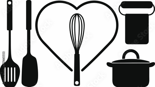 Black and white kitchen utensils including spatulas whisk pot and towel arranged with a heart shape | editable eps vectors silhouette
