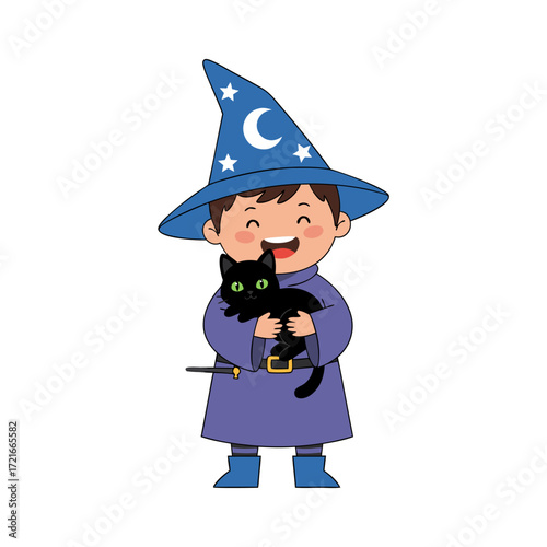 Adorable cartoon boy dressed as a happy wizard holding his cute black cat, ready for adventure