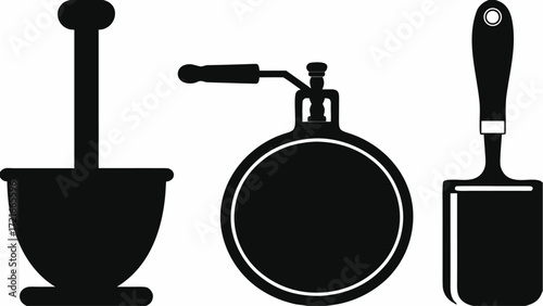 Silhouette illustration of kitchen utensils including a plunger a waffle iron and a spatula tool | editable eps vectors
