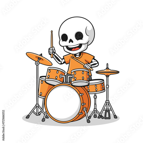 Skeleton drummer playing a drum set with enthusiasm and joy