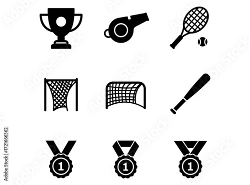 Sports Equipment and Awards Trophy, Whistle, Racket, Net, Bat, and Medals for Victory