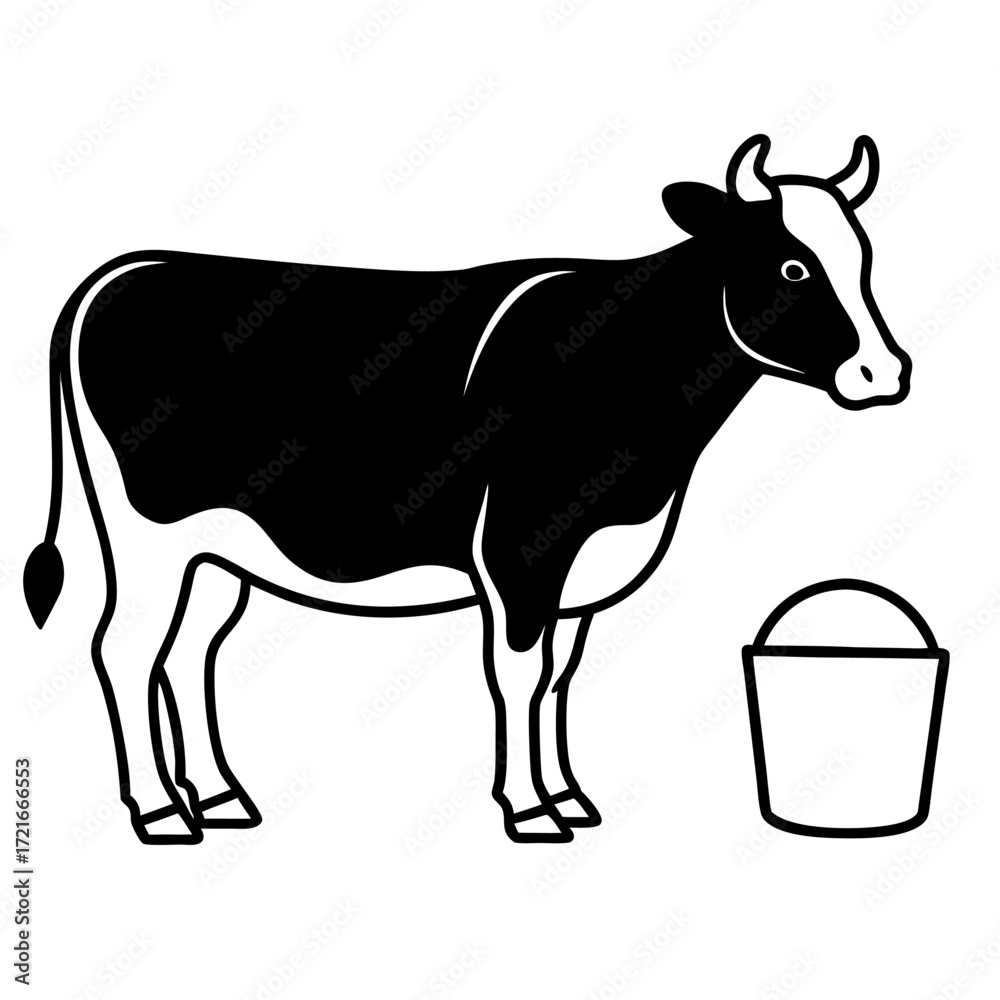 Fototapeta premium Elegant dairy cow in black and white minimalist design alongside a simple bucket illustration