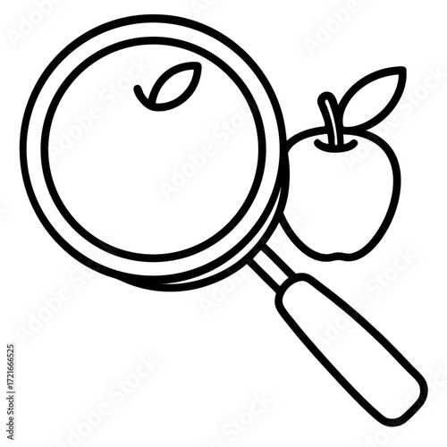 Outline illustration of an apple under a magnifying glass for educational and scientific exploration