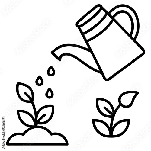 Watering can nourishing sprouting plant seedlings with water drops ensuring growth and development icon