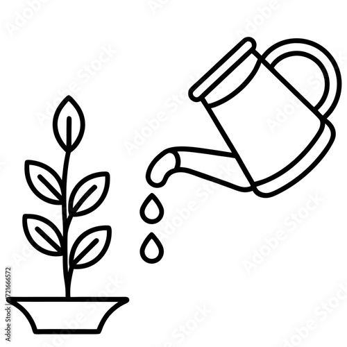 Watering can feeding plant growth illustration representing nurturing care with liquid drop elements line art design
