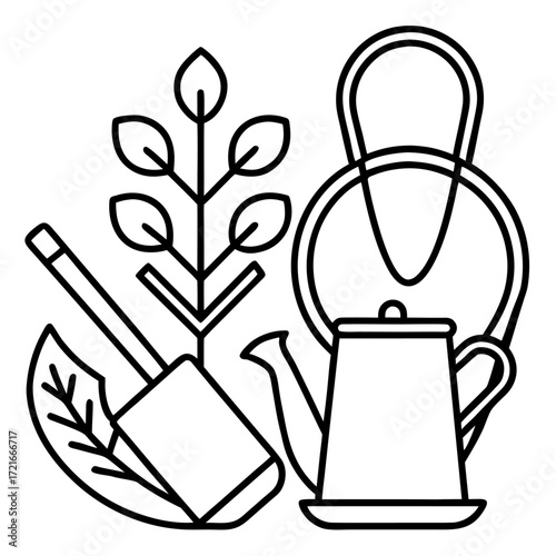 Simple garden tools and foliage icons for horticultural or agricultural projects line art design