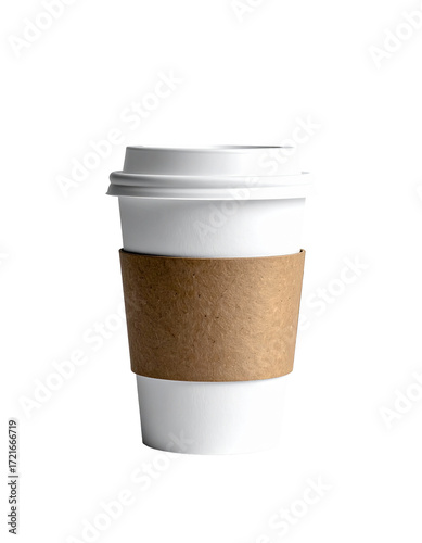 White disposable coffee cup with brown paper sleeve