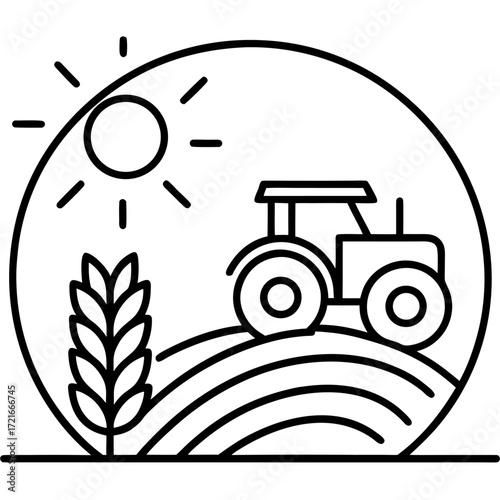 Farm field with tractor and sun agriculture and harvest rural scene line art minimalist design