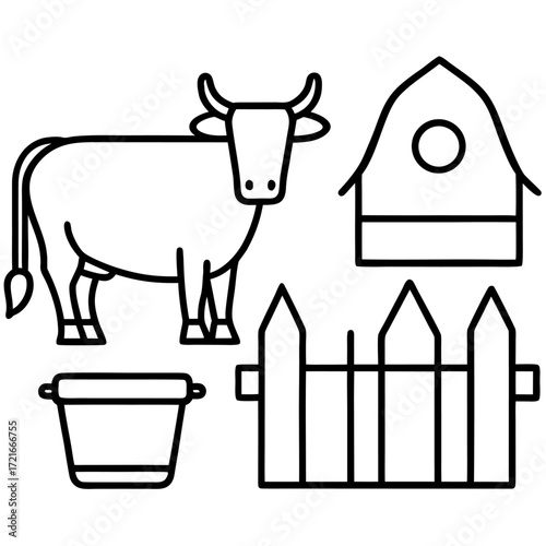 Farm Animal Illustration in Black and White featuring a Cow Barn Fence and Bucket