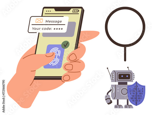 Smartphone authentication with a message code, fingerprint scan, magnifying glass, and robot with shield. Ideal for cybersecurity, identity verification, data protection, online privacy, artificial
