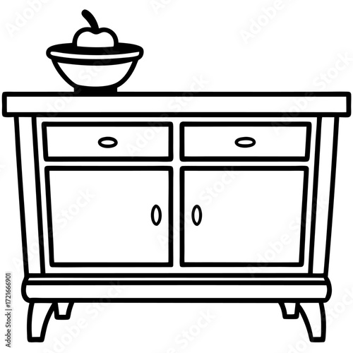 Stylized Cabinet with Drawers Cupboards and Fruit Bowl Outline for Design and Creativity