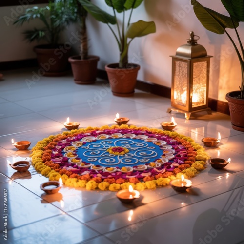 Vibrant flower rangoli illuminated by diyas and lantern light