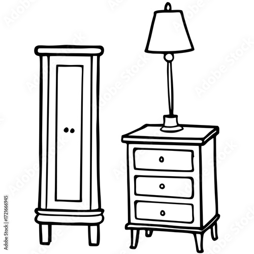 Illustration of a bedroom set with an armoire nightstand and lamp black and white design