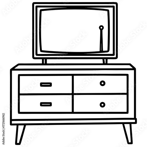 Retro television on dresser outline illustration vintage media technology design furniture element
