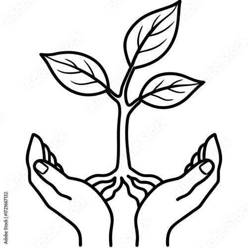 Line art of a seedling in hands representing growth and nurture for environmental awareness and sustainability