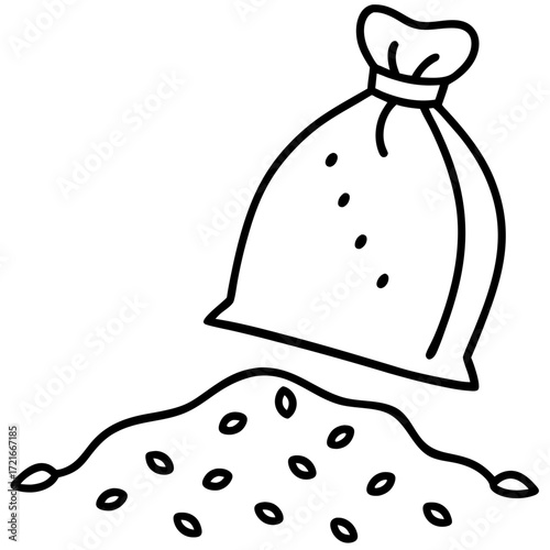 Outline drawing of a bag spilling seeds symbolizing agriculture and harvest time with detailed lines perfect for coloring
