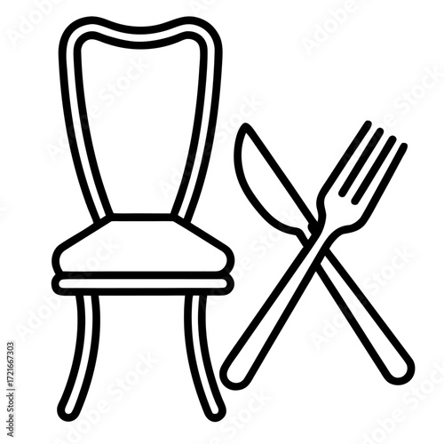Restaurant dining table place setting with chair cutlery and dining services in black and white