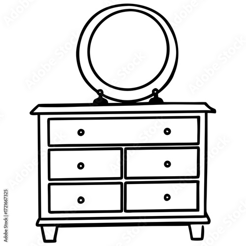 Elegant dresser with round mirror and six drawers in minimalist black and white style