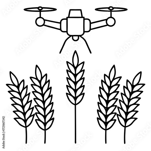 Drone technology monitors wheat field offering precision agriculture and enhanced crop yields outline illustration