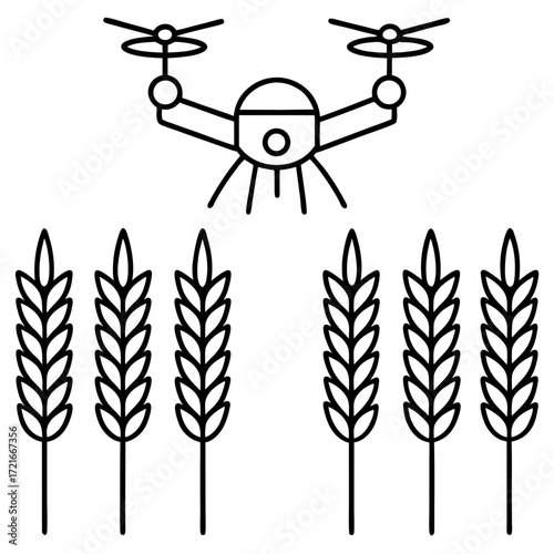 Drone flying over wheat field for agricultural survey and smart farming application technology vector outline illustration