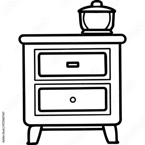 Charming nightstand with two drawers topped with a vintage pot outline in black and white illustration