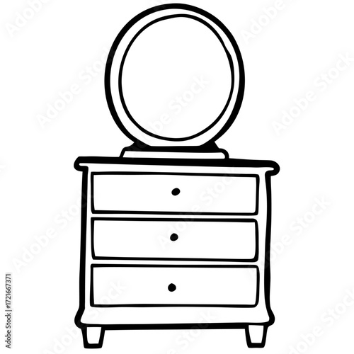 Elegant dresser with mirror and three drawers black and white outline design