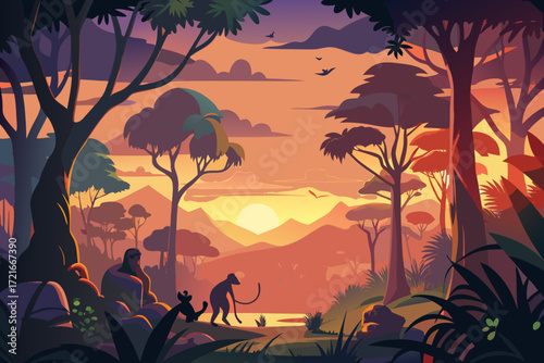 Enchanting jungle sunset silhouette artwork featuring monkeys, gorilla, and birds in flight over a serene river landscape with lush trees and rolling hills