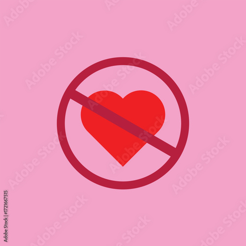 Minimalist illustration of a red heart with a prohibition sign on a pink background, symbolizing heartbreak, rejection, anti-love, or emotional boundaries in a simple flat design style.