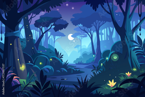 Enchanting mystical forest at twilight with glowing magical elements and a serene moonlit atmosphere for fantasy stories