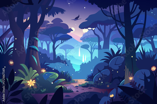 Enchanting twilight forest path with glowing flora and mystical distant mountains under a starry sky