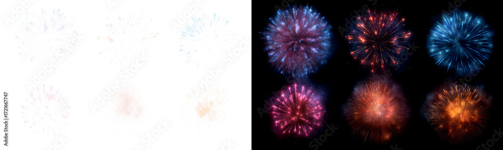 Naklejka premium Collection Fireworks Bursting in Various Patterns and Shades Display on Transparent and Black Background, png