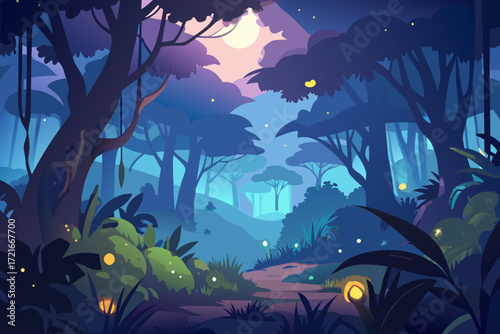 Enchanting mystical forest path bathed in twilight glow with glowing flora and soft moonlit sky creating a magical atmosphere