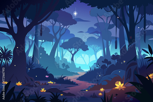 Enchanting twilight forest scene with glowing flora and a mystical star illuminating the serene landscape