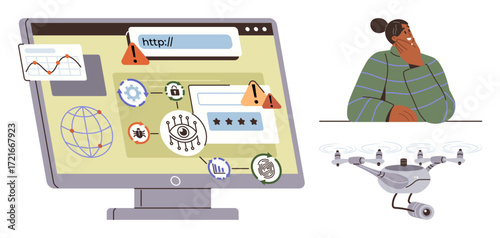 Computer alerting cybersecurity risks, surveillance icons, globe, data charts. quadcopter monitoring nearby, person reflecting on data safety. Ideal for technology, privacy, surveillance web security
