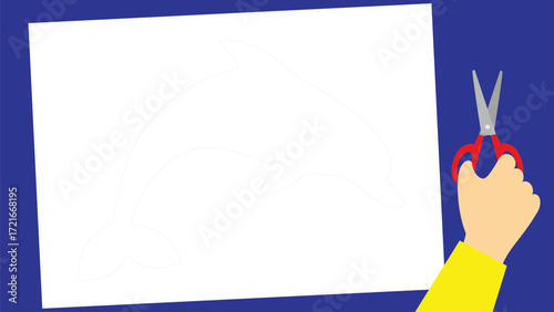 Illustration of a hand cutting a dolphin with scissors on a blue background