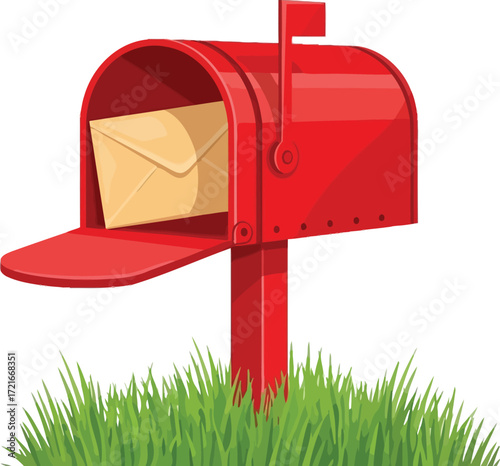 Bright red mailbox with a letter inside, standing in green grass on a sunny day.