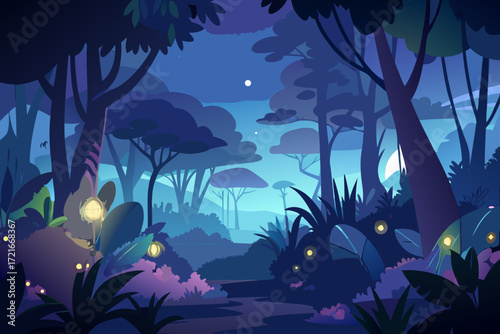 Enchanting twilight forest path illuminated by magical glowing lanterns and a serene moonlit sky creating a mystical, inviting atmosphere for fantasy adventures.