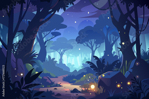 Enchanting twilight forest path illuminated by magical glowing orbs and starry night sky