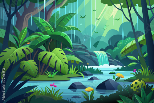 Lush tropical rainforest scene with a cascading waterfall, vibrant foliage, and gentle rain creating a serene and tranquil atmosphere