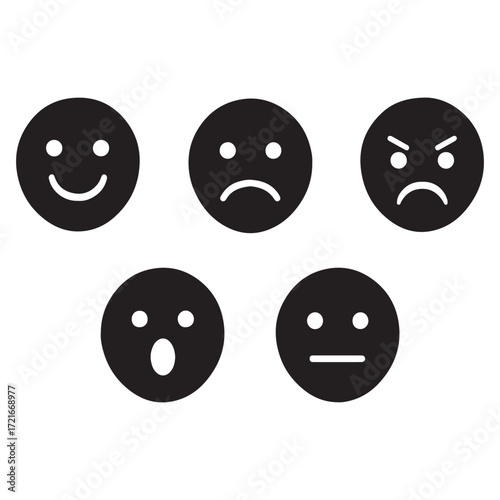 Vector art of black emoji icons expressing various emotions