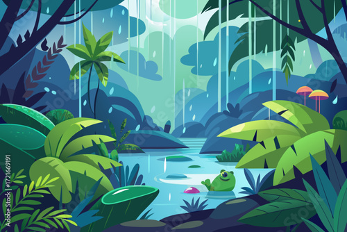 Adorable cartoon frog enjoys a rainy day in a lush jungle pond surrounded by vibrant foliage and colorful mushrooms