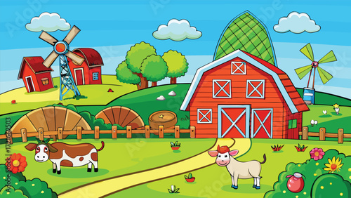 Vibrant cartoon countryside farm with barn windmill and animals under a blue sky vector