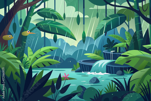 Vibrant jungle scene with lush foliage, cascading waterfall, and stylized birds, creating a serene, tropical oasis perfect for travel and nature themes