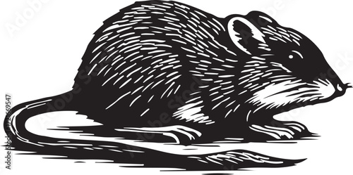 Detailed black and white woodcut illustration of a rodent with a long tail sitting on a textured surface
