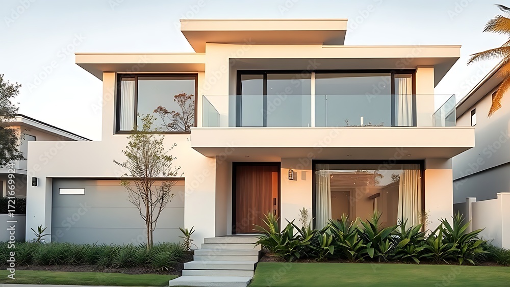 Fototapeta premium Modern residential architecture with clean lines, bathed in neutral tones under daylight.