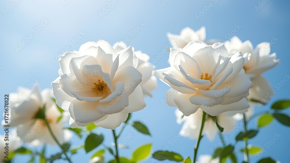 Obraz premium Delicate white roses blooming gracefully under a clear blue sky with gentle sunlight.