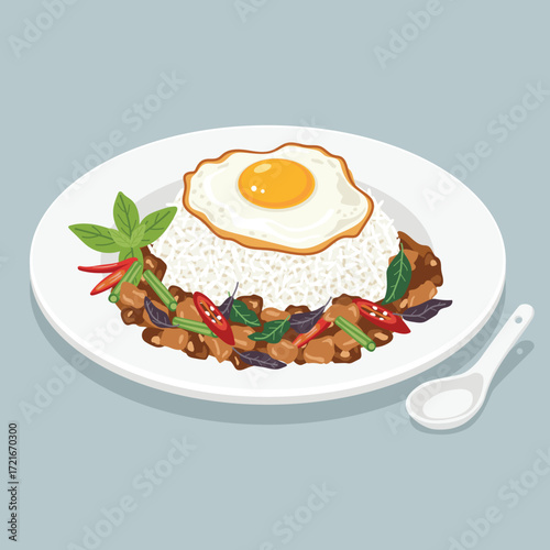 vector flat color of stir fried Thai Pork with Holy Basil (Pad Kra Pao Moo) topped with a fried egg, served on rice with a spoon on the side