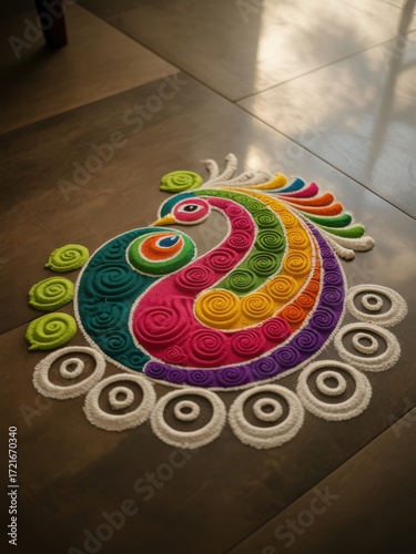 Vibrant peacock rangoli design on a stone floor