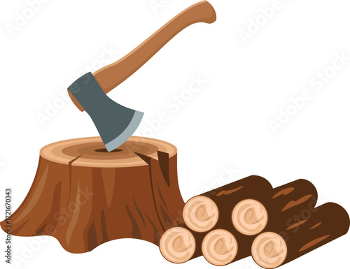 Cartoon axe in tree stump, stacked firewood logs, woodcutting scene, forestry tool, chopping wood, vector illustration, outdoor lumber activity