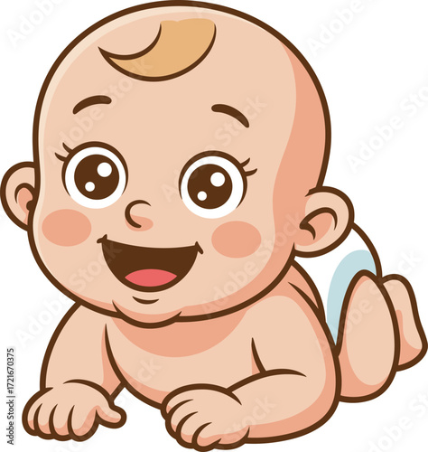 Cartoon baby crawling, happy infant, diapered child, playful pose, vector illustration, cute toddler, early development, parenting theme, childhood moment